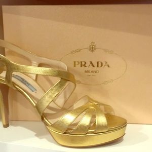 Prada Saffiano Lame Platino Gold Platform Heels